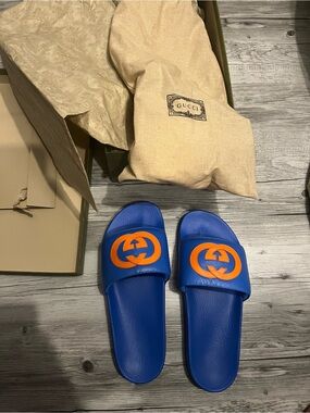 Gucci Blue Leather Slides with Orange Logo